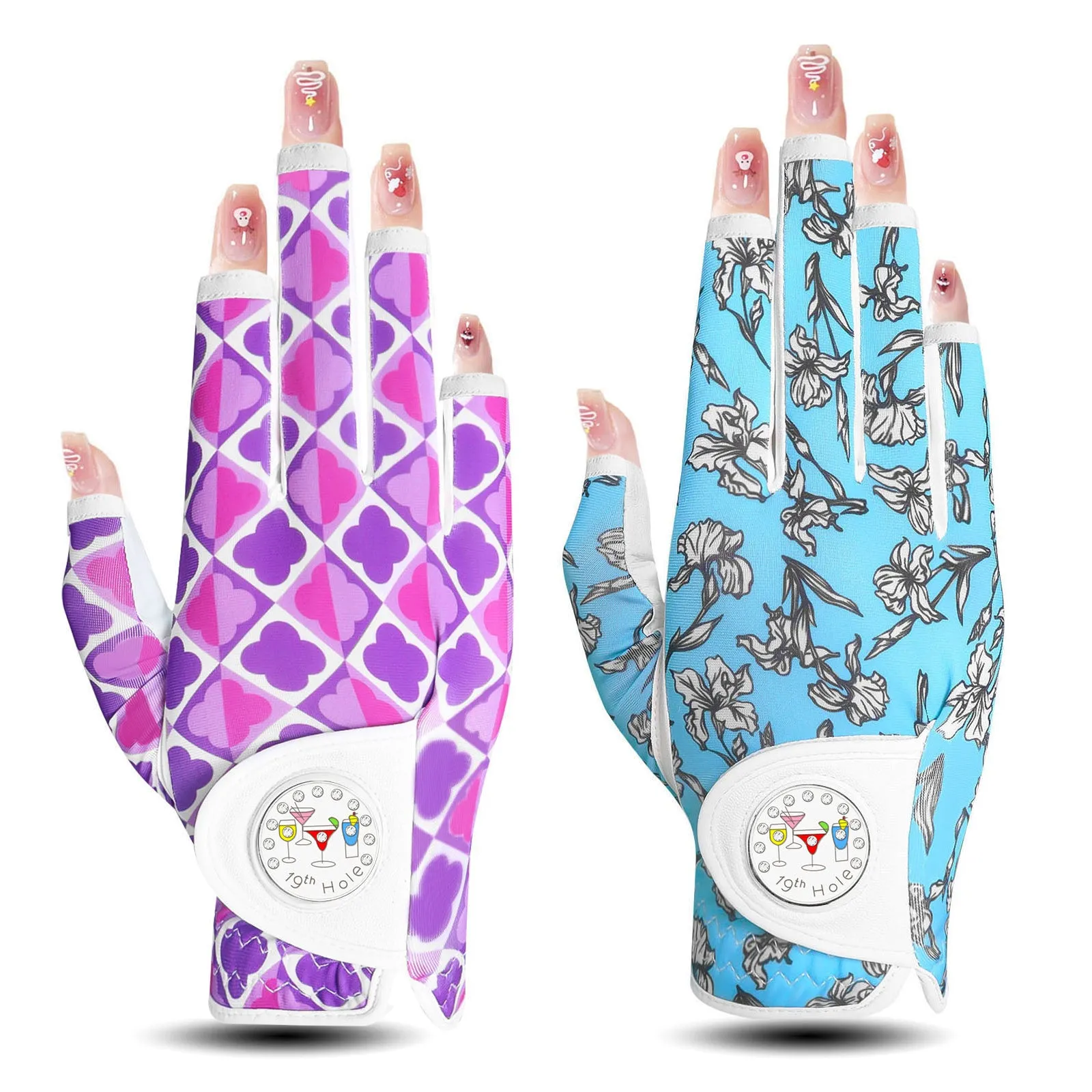 Golf Gloves Women Half Finger Blue Purple Combo 2 Pack