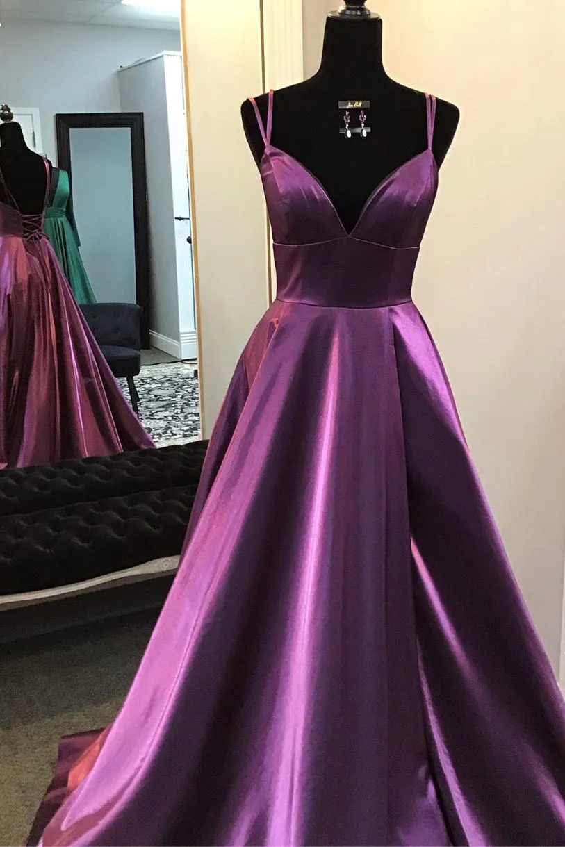 Gorgeous V Neck Lace-up Back Plum Long Prom Dress