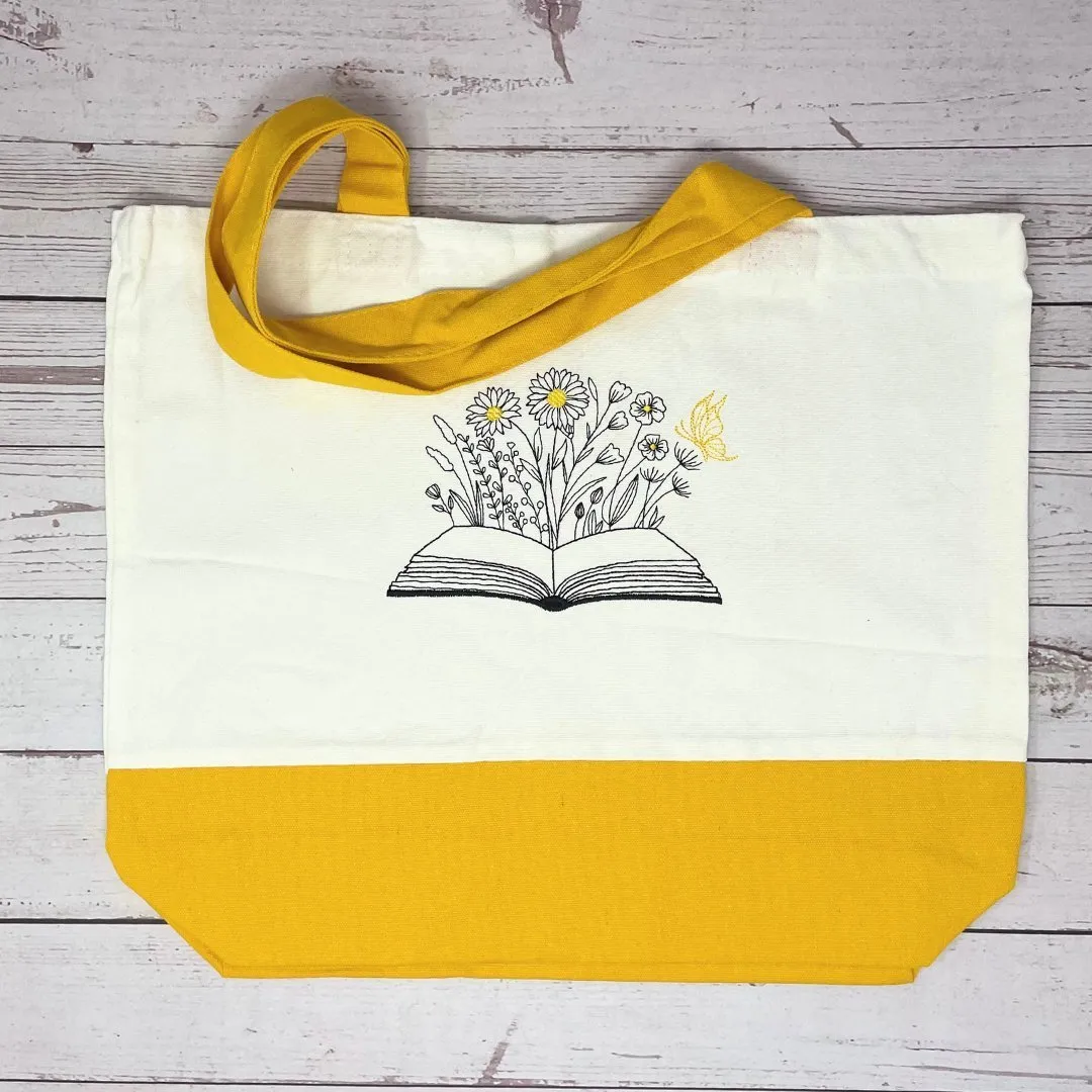 Handcrafted Book Lover's Tote with Blooming Pages Embroidered Tote Bag