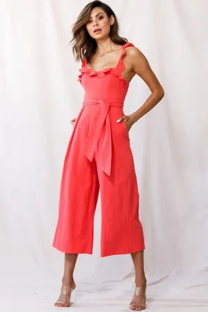 Kaia Ruffle Strap Wide-Leg Capri Jumpsuit Red