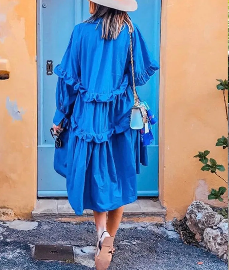 Klein Blue Flouncing Ruffled Stitching Dress