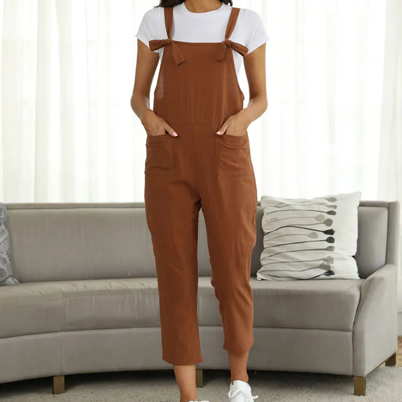 Literary cotton and linen strap casual jumpsuit