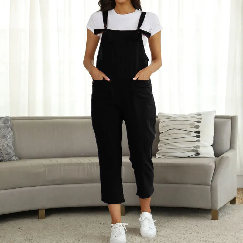 Literary cotton and linen strap casual jumpsuit