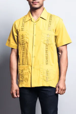 Men's Short Sleeve Cuban Style Guayabera Shirt (Yellow)