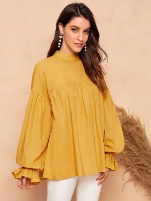 Mock-Neck Flounce Sleeve Smock Top