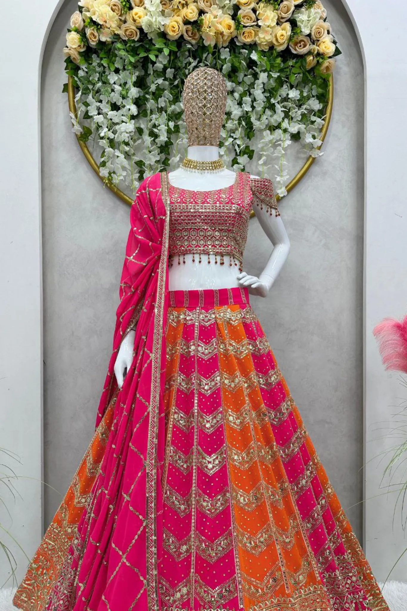 MULTI COLOR FAUX GEORGETTE DESIGNER WEDDING WEAR LEHENGA SET