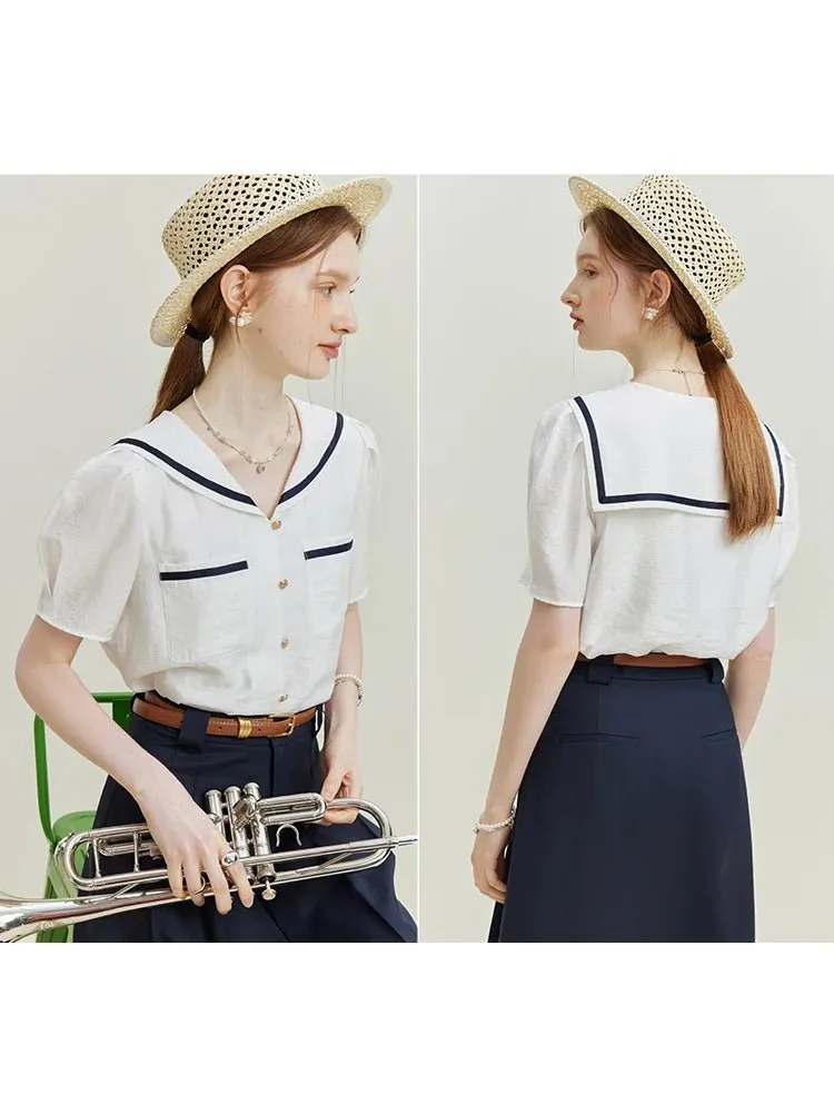 Navy Collar French Short-Sleeved Shirt for Women