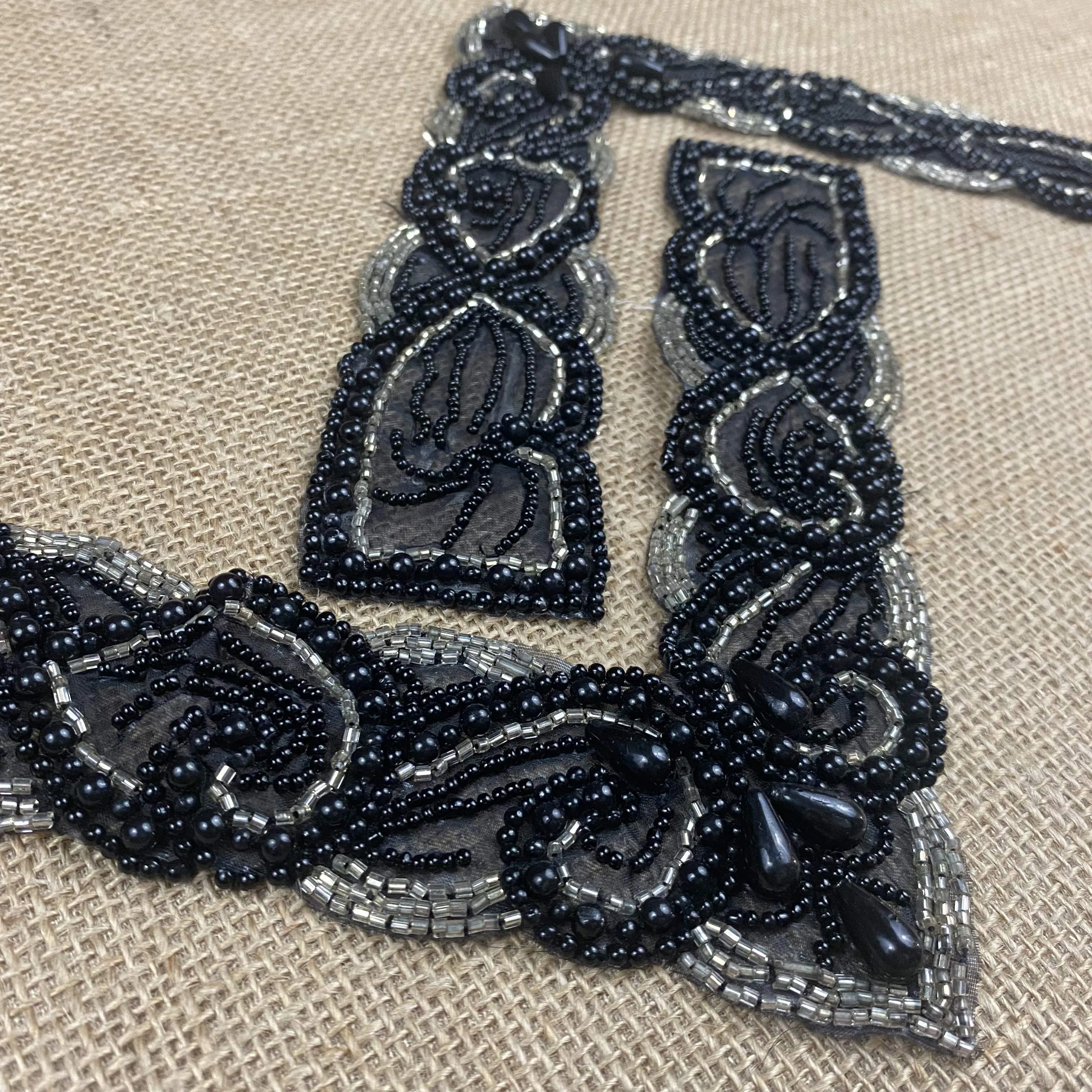 Neckpiece Applique V-Neck Yoke Piece Hand Beaded on Mesh Beautiful 10"x8"