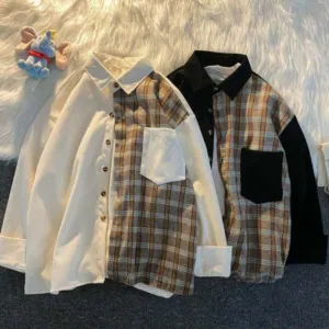 Patchwork Women Shirts Spring Korean Design Oversize Button Up Shirt Long Sleeve All Match Vintage Plaid Female Tops