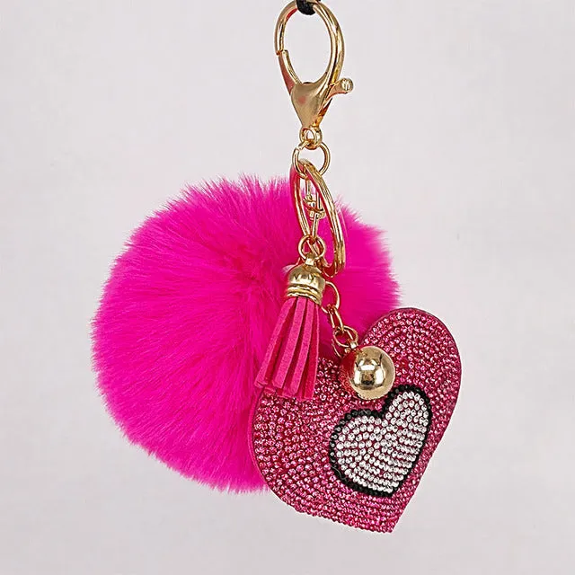 Pompom Keychain Rhinestone Heart Women