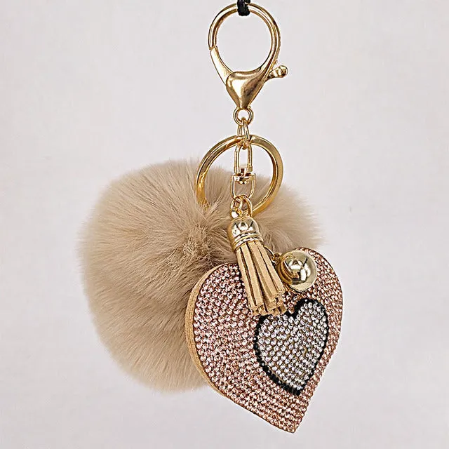 Pompom Keychain Rhinestone Heart Women