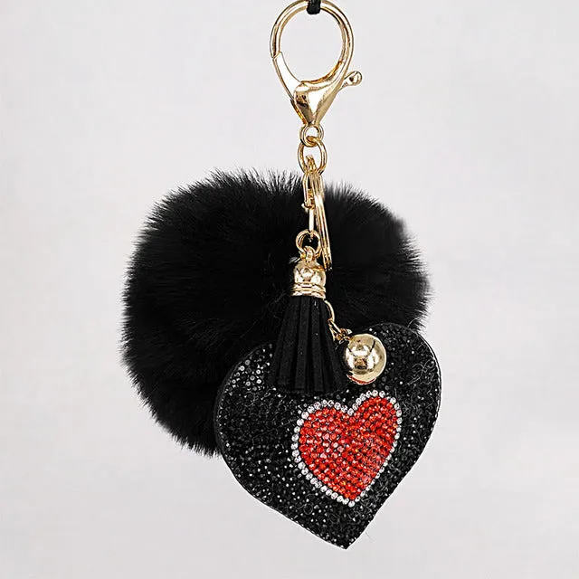 Pompom Keychain Rhinestone Heart Women