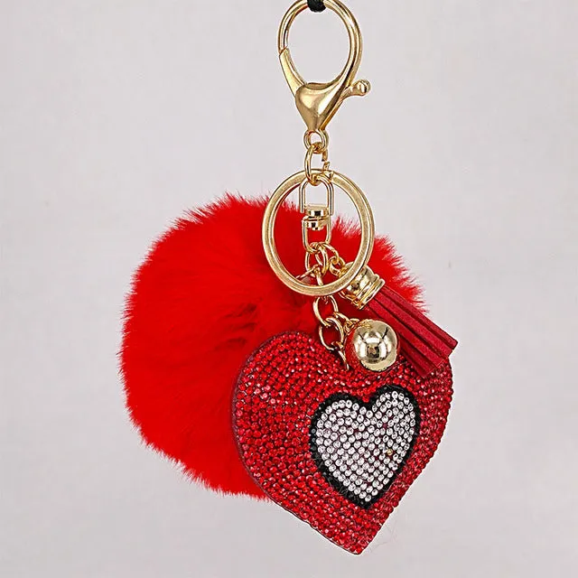 Pompom Keychain Rhinestone Heart Women