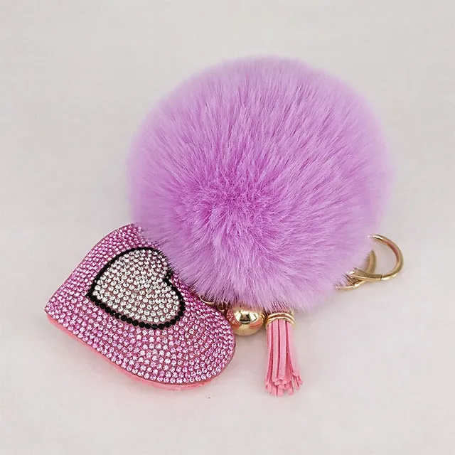 Pompom Keychain Rhinestone Heart Women