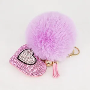 Pompom Keychain Rhinestone Heart Women