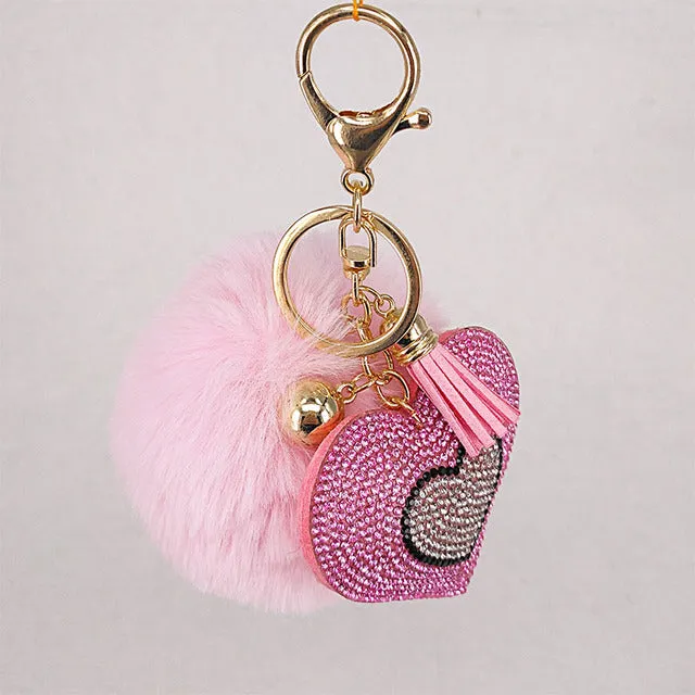 Pompom Keychain Rhinestone Heart Women