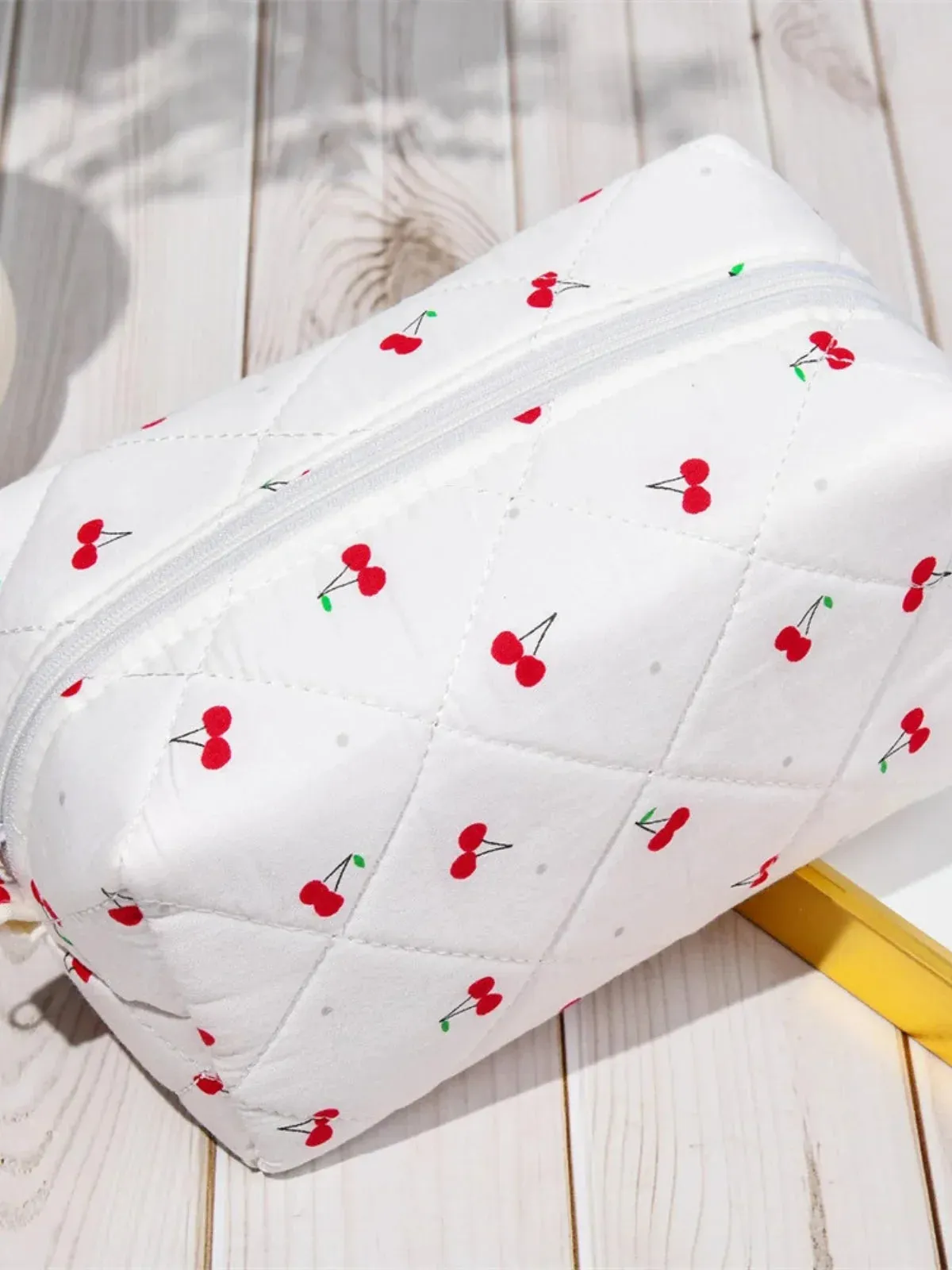 Quilted Cotton Cherry Print Cosmetic Bag