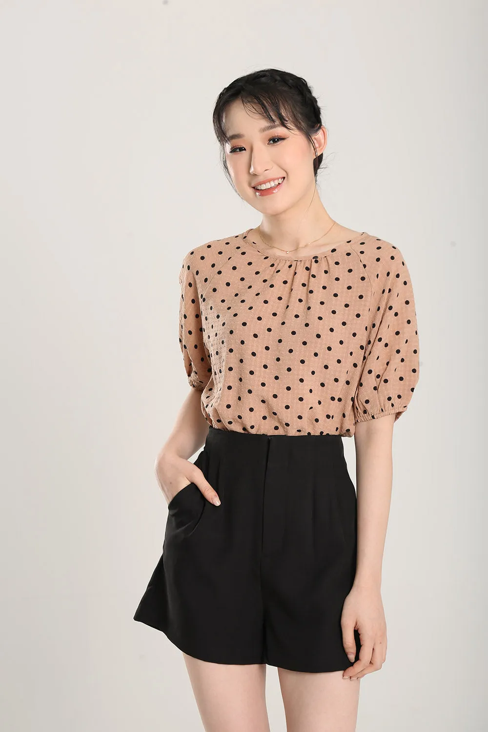 Rania Top in Tan Polka Dots