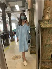 S-2XL Spring Casual Patchwork Cotton Collar Loose Long Sleeve Long Shirt Dress