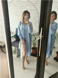 S-2XL Spring Casual Patchwork Cotton Collar Loose Long Sleeve Long Shirt Dress