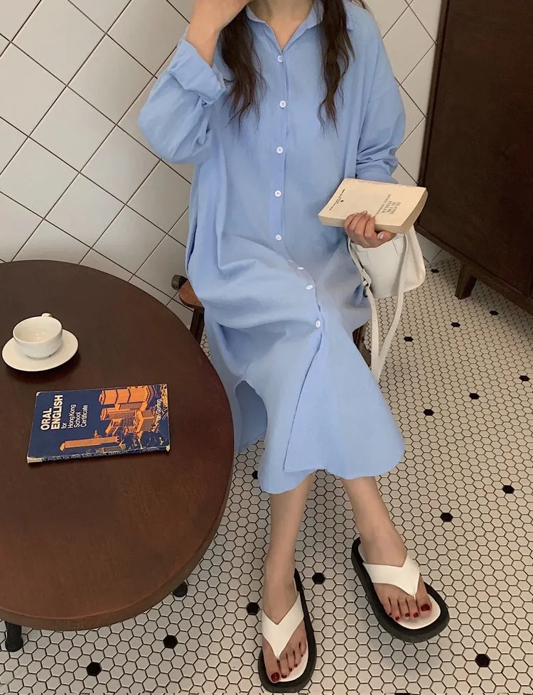 S-2XL Spring Casual Patchwork Cotton Collar Loose Long Sleeve Long Shirt Dress