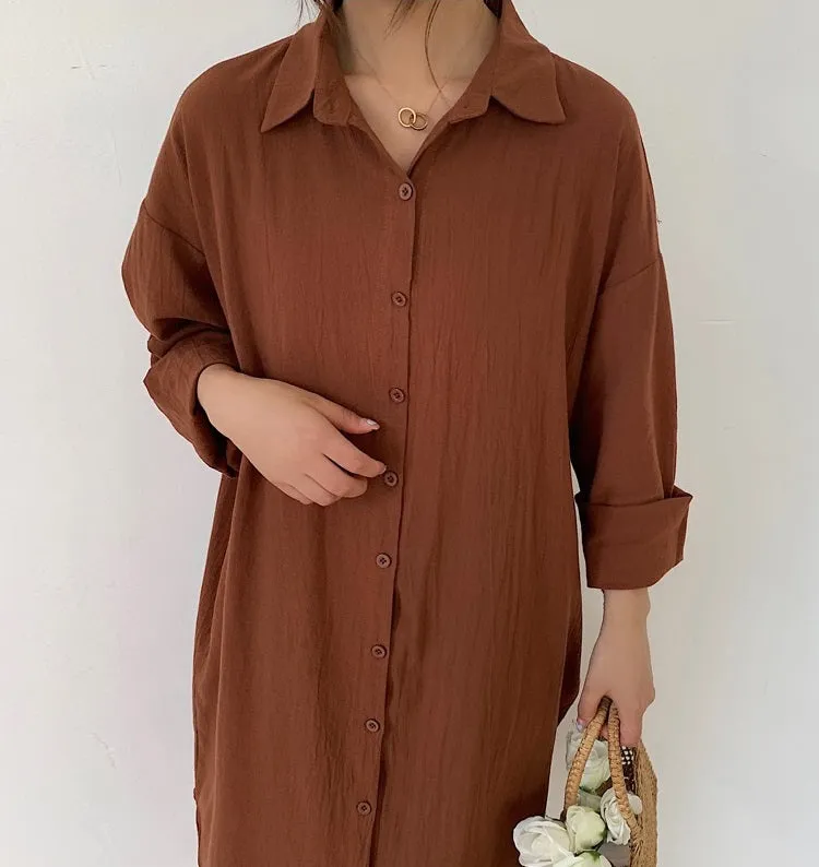 S-2XL Spring Casual Patchwork Cotton Collar Loose Long Sleeve Long Shirt Dress