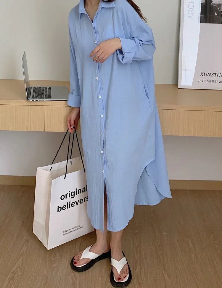 S-2XL Spring Casual Patchwork Cotton Collar Loose Long Sleeve Long Shirt Dress