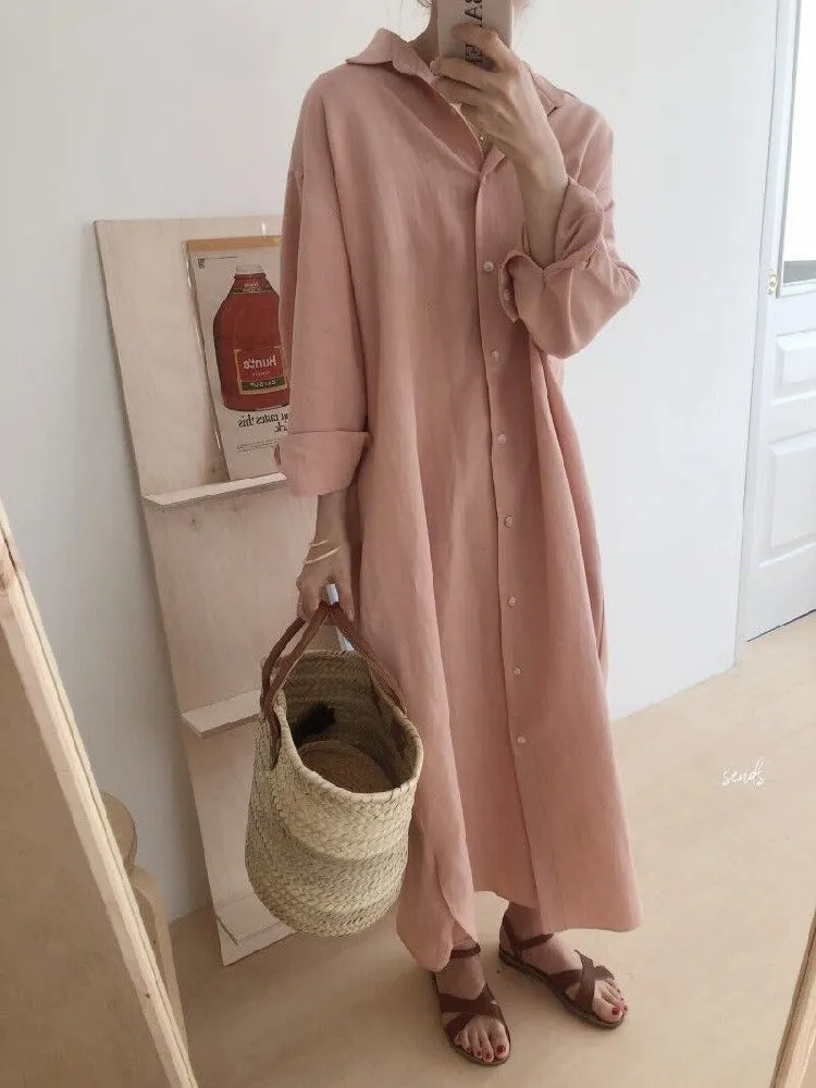 S-2XL Spring Casual Patchwork Cotton Collar Loose Long Sleeve Long Shirt Dress