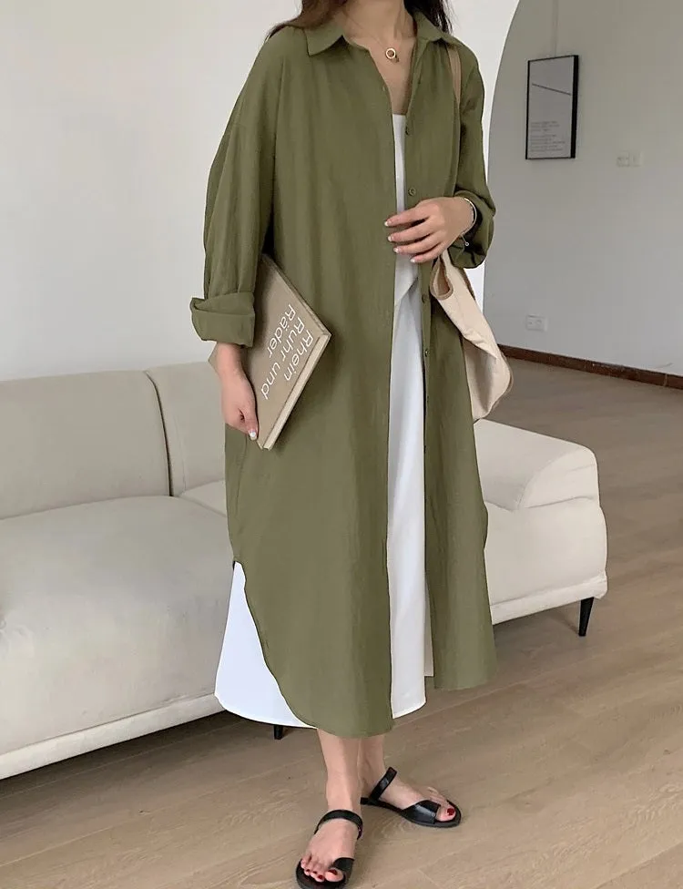 S-2XL Spring Casual Patchwork Cotton Collar Loose Long Sleeve Long Shirt Dress