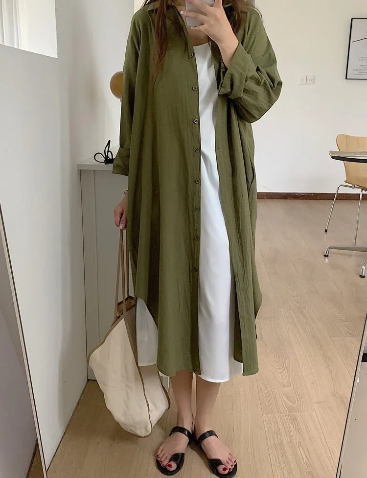 S-2XL Spring Casual Patchwork Cotton Collar Loose Long Sleeve Long Shirt Dress