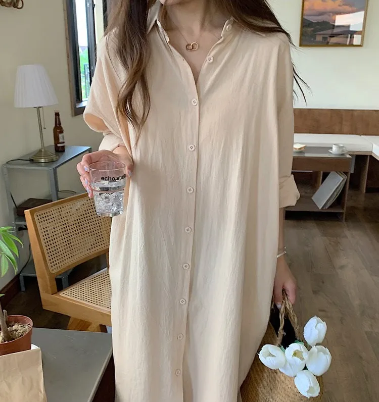 S-2XL Spring Casual Patchwork Cotton Collar Loose Long Sleeve Long Shirt Dress