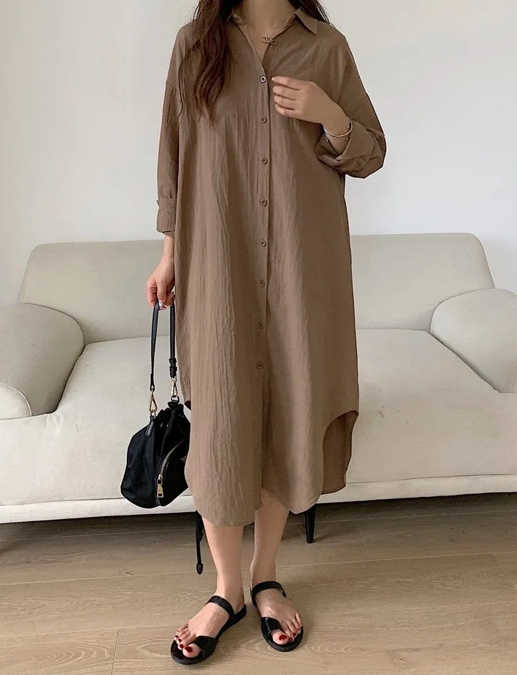 S-2XL Spring Casual Patchwork Cotton Collar Loose Long Sleeve Long Shirt Dress