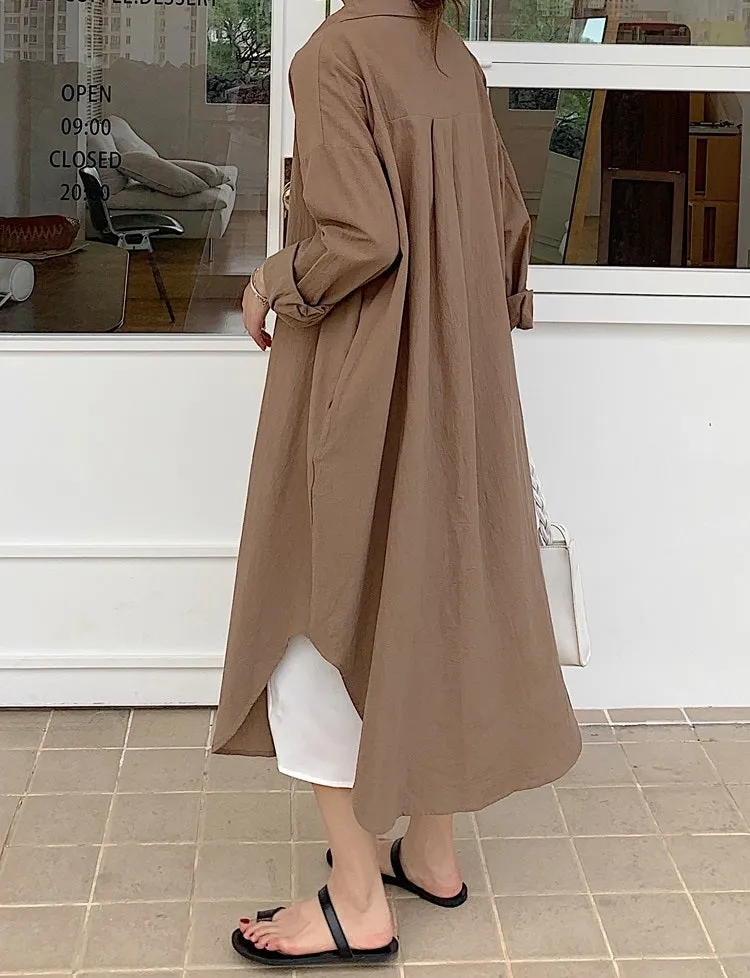 S-2XL Spring Casual Patchwork Cotton Collar Loose Long Sleeve Long Shirt Dress