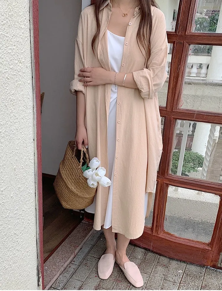 S-2XL Spring Casual Patchwork Cotton Collar Loose Long Sleeve Long Shirt Dress