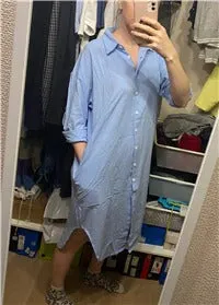 S-2XL Spring Casual Patchwork Cotton Collar Loose Long Sleeve Long Shirt Dress