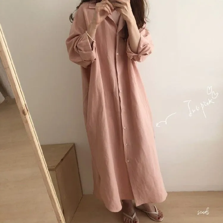 S-2XL Spring Casual Patchwork Cotton Collar Loose Long Sleeve Long Shirt Dress