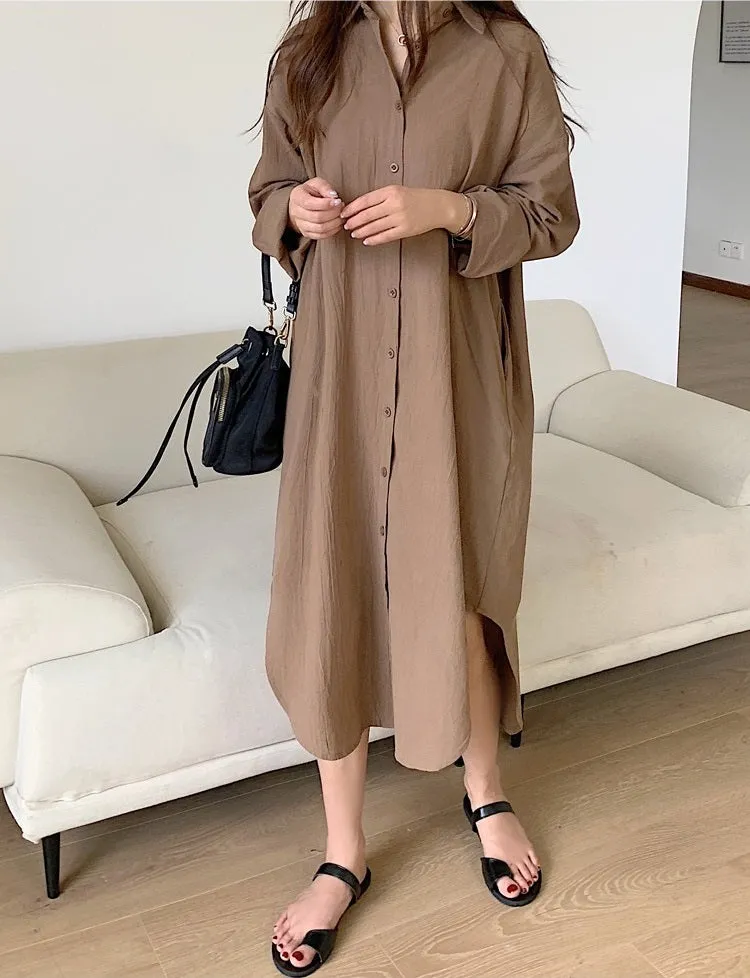 S-2XL Spring Casual Patchwork Cotton Collar Loose Long Sleeve Long Shirt Dress