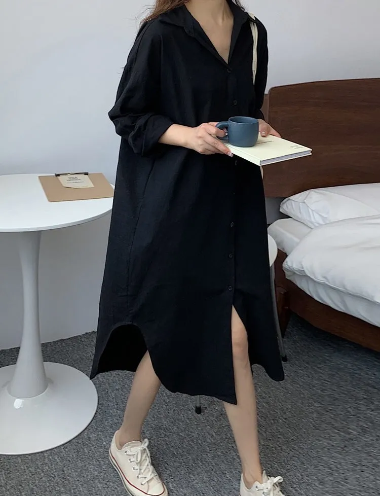 S-2XL Spring Casual Patchwork Cotton Collar Loose Long Sleeve Long Shirt Dress