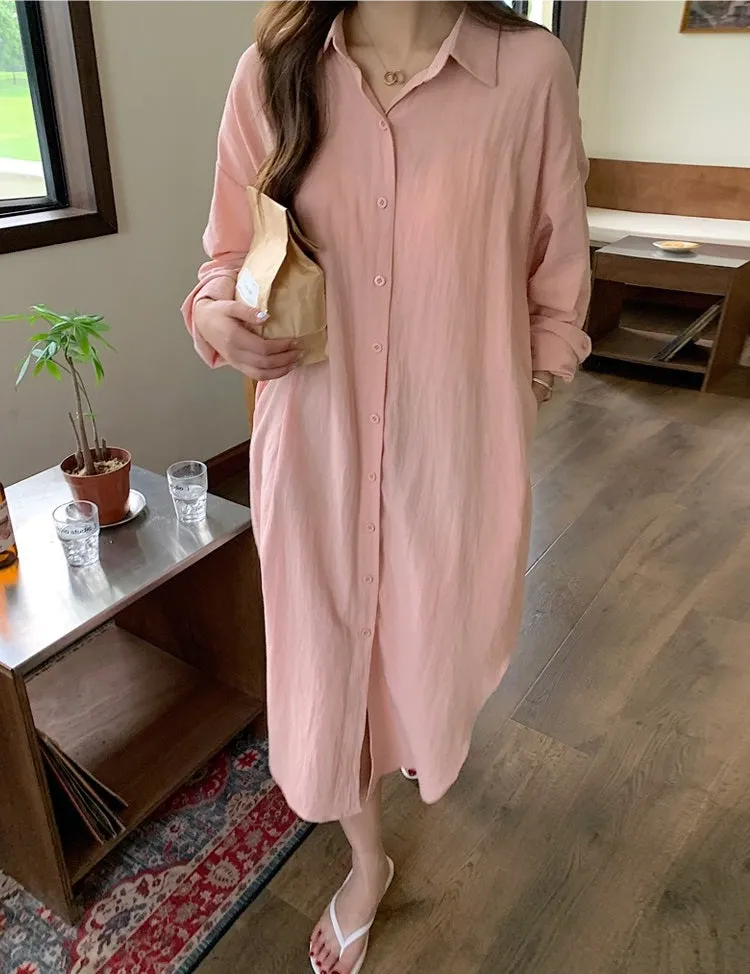 S-2XL Spring Casual Patchwork Cotton Collar Loose Long Sleeve Long Shirt Dress