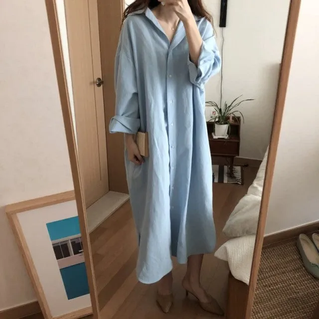 S-2XL Spring Casual Patchwork Cotton Collar Loose Long Sleeve Long Shirt Dress