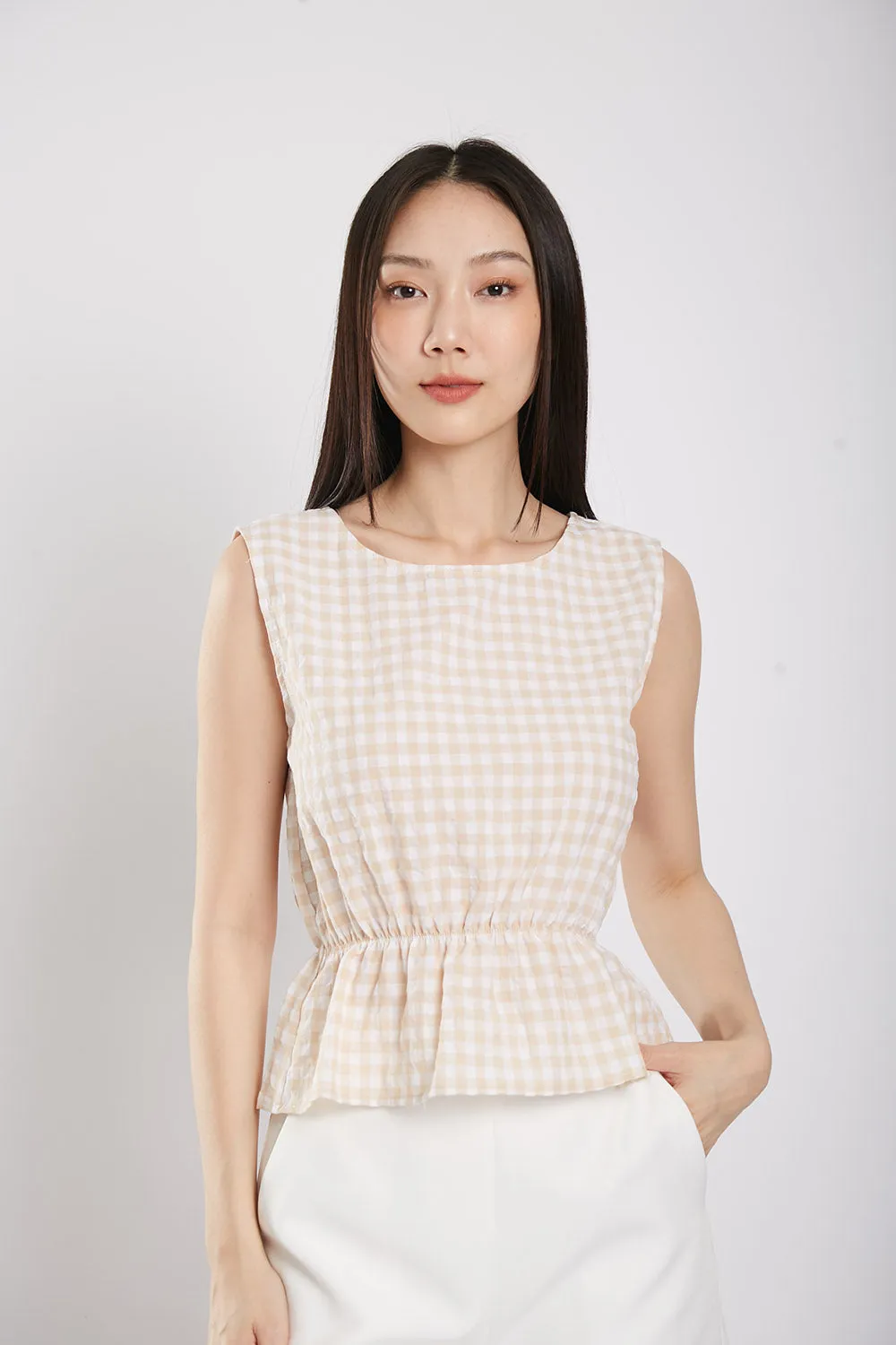 Sleeveless Gingham Cotton Top in Apricot