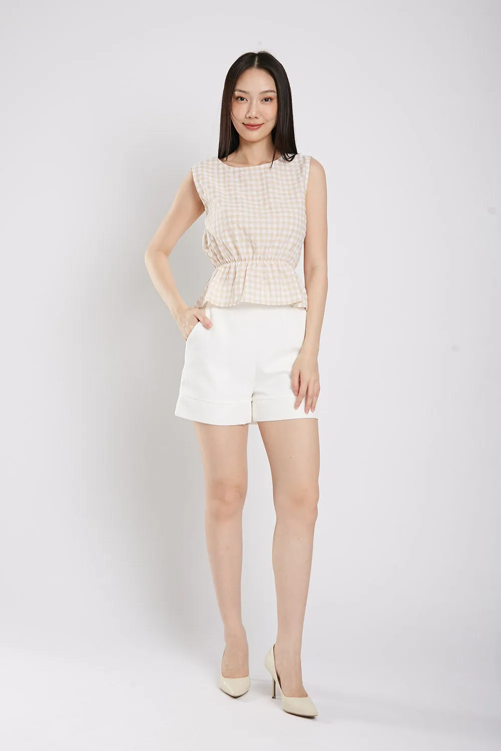 Sleeveless Gingham Cotton Top in Apricot