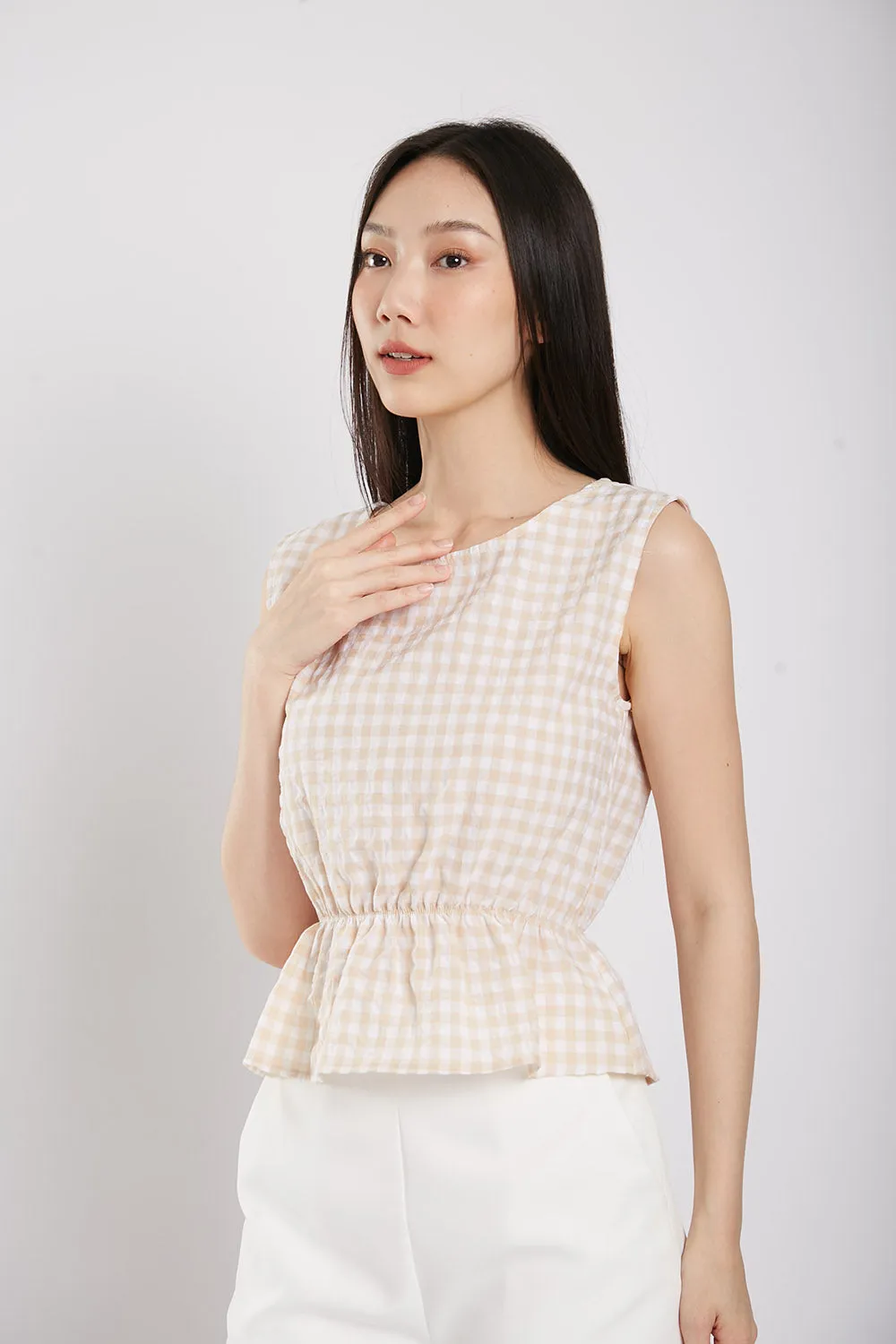 Sleeveless Gingham Cotton Top in Apricot