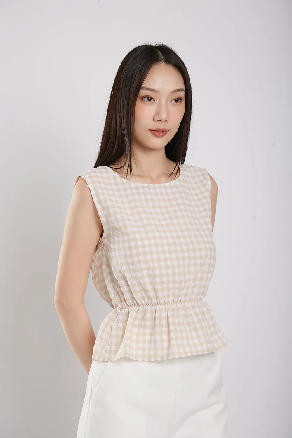 Sleeveless Gingham Cotton Top in Apricot