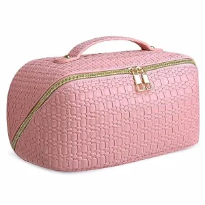 SLUKULU Large Travel Makeup Bag with Multiple Compartments, Waterproof and Easy to Clean. Cute Square Ladies Cosmetics Pouch with Carry Handle for Easy Carrying. (Pink)