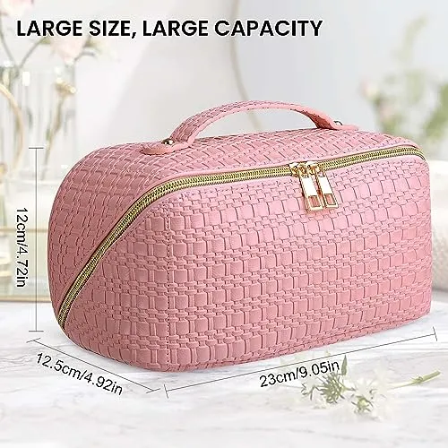 SLUKULU Large Travel Makeup Bag with Multiple Compartments, Waterproof and Easy to Clean. Cute Square Ladies Cosmetics Pouch with Carry Handle for Easy Carrying. (Pink)