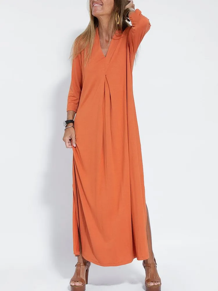 Solid Color V-Neck Comfy Dresses