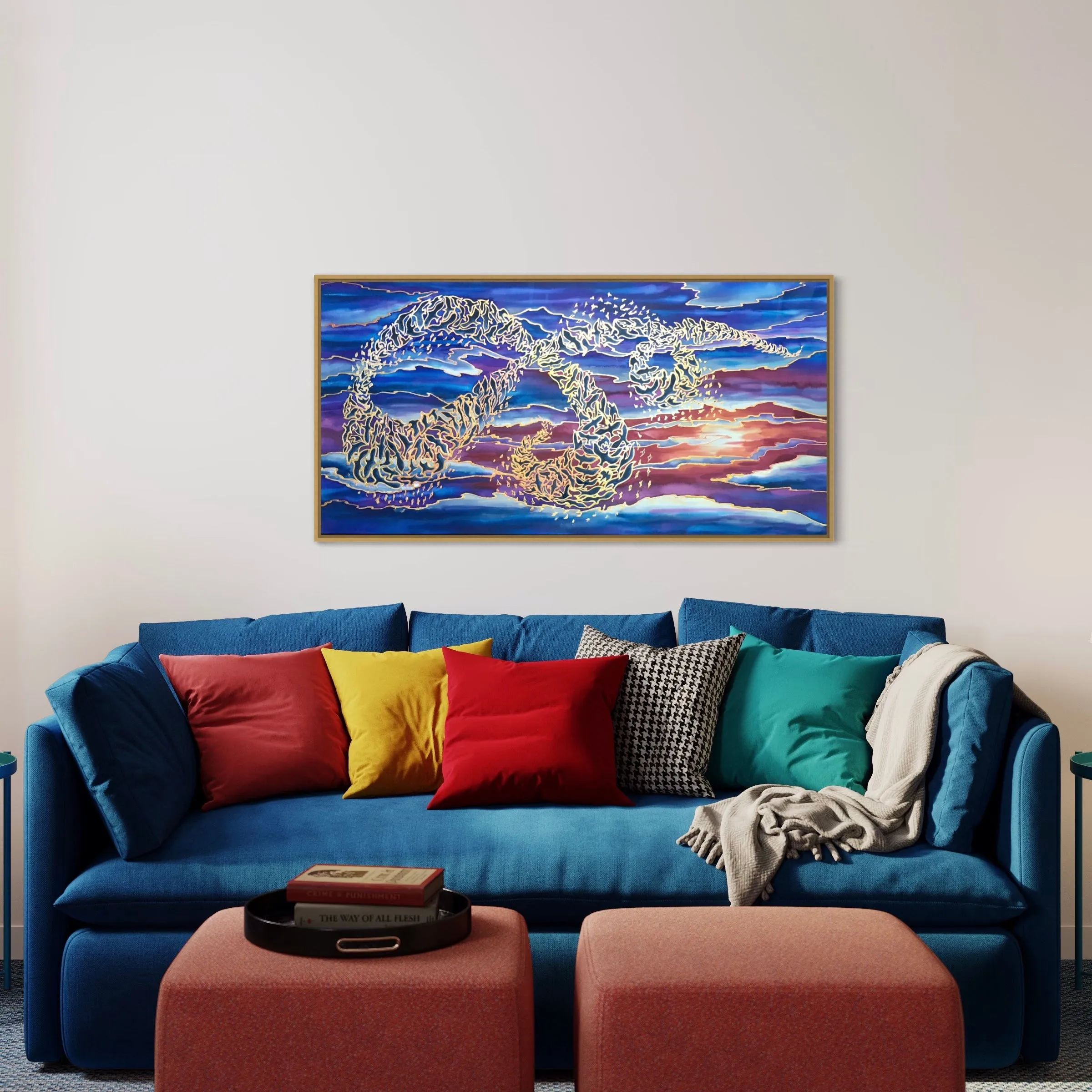 Sunset Murmuration Painting - Swooping Birds hand painted silk  - Blue Purple Red Sunset Original Art