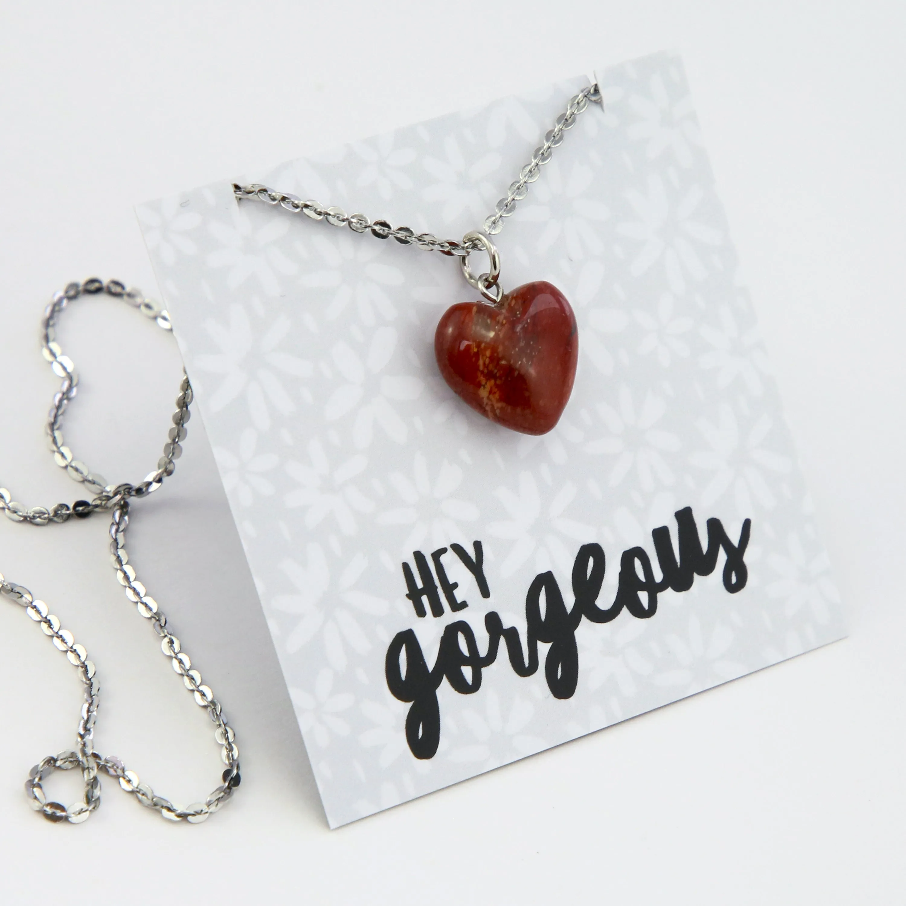 Sweetheart Stainless Steel Necklace - Hey Gorgeous - Red Jaspilite Heart (11554)