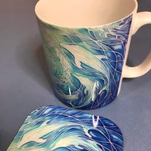 Swirling Dolphins Mug and Coaster - Blue Turquoise Mug Set - Mug Gift